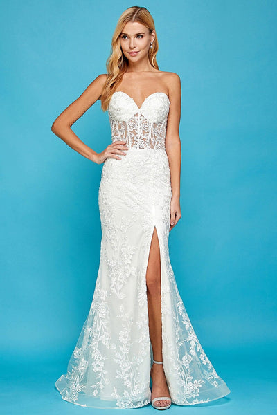 Embroidered Fitted Sheer Corset Slit Gown by Adora 3025