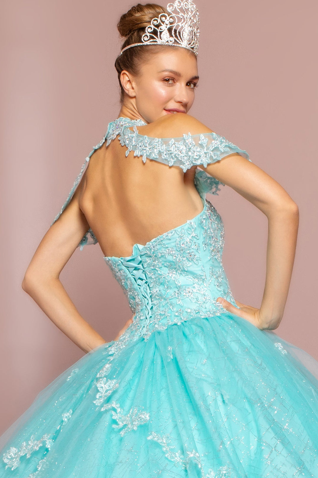 Embroidered Halter Ball Gown with Glitter Skirt by Elizabeth K GL2602