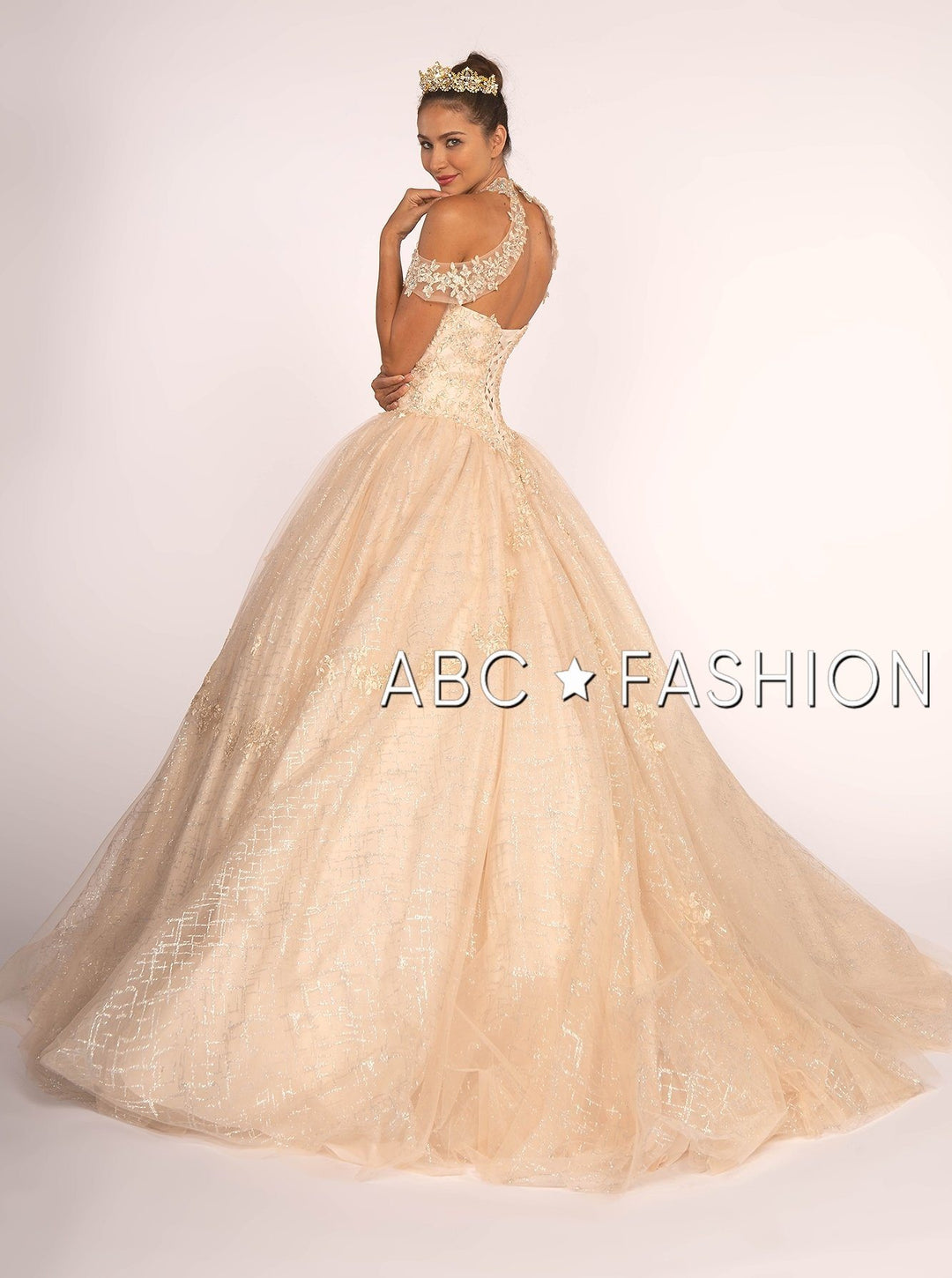 Embroidered Halter Ball Gown with Glitter Skirt by Elizabeth K GL2602-Quinceanera Dresses-ABC Fashion