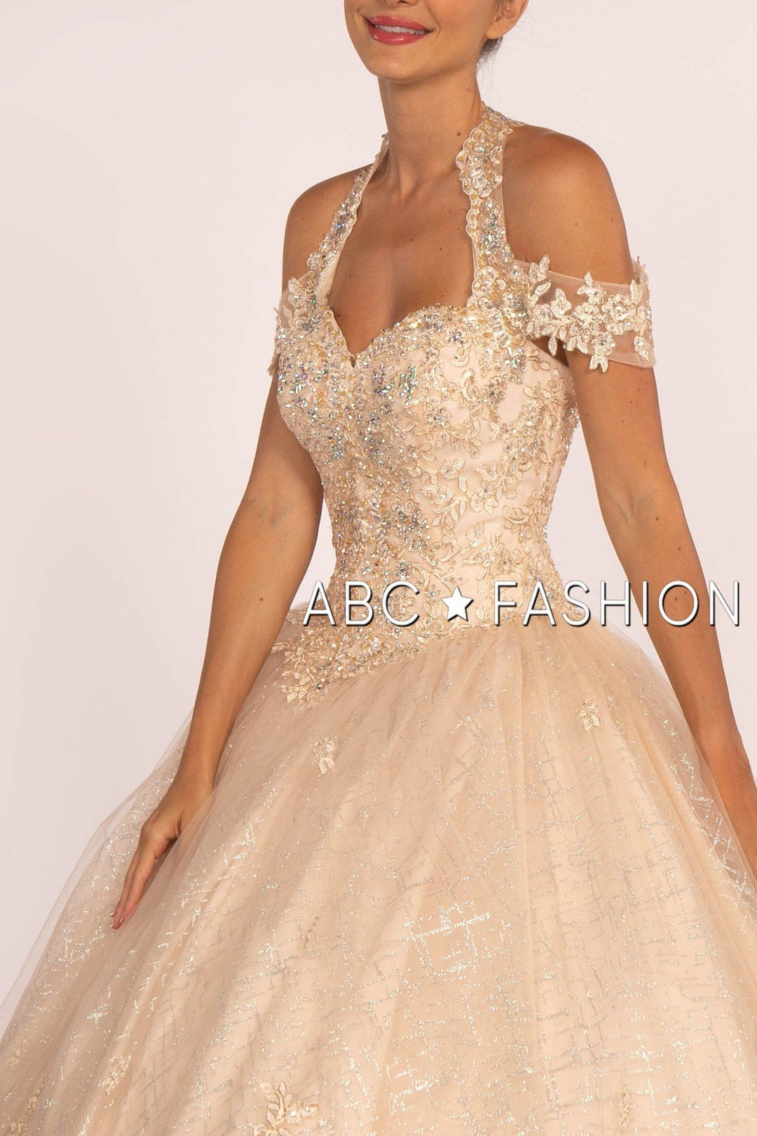 Embroidered Halter Ball Gown with Glitter Skirt by Elizabeth K GL2602-Quinceanera Dresses-ABC Fashion
