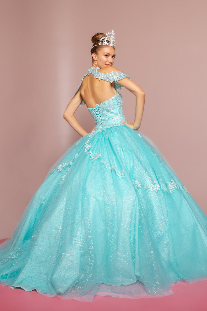 Embroidered Halter Ball Gown with Glitter Skirt by Elizabeth K GL2602
