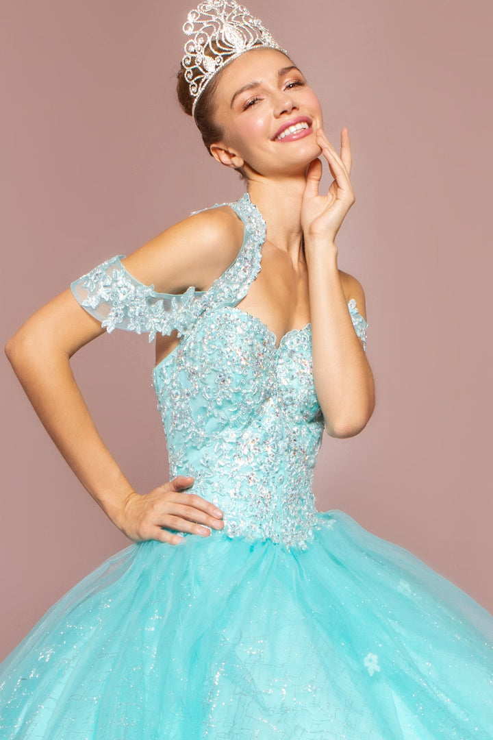Embroidered Halter Ball Gown with Glitter Skirt by Elizabeth K GL2602