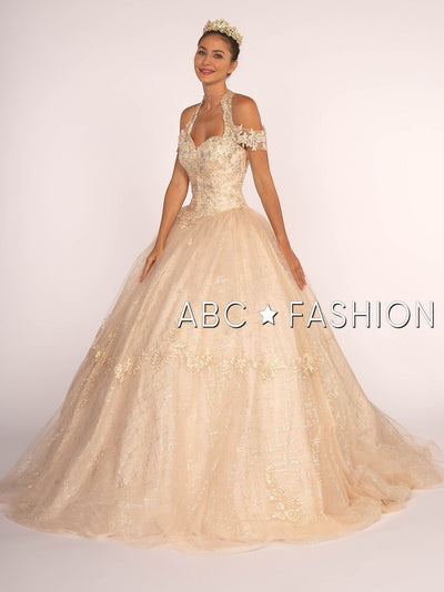 Embroidered Halter Ball Gown with Glitter Skirt by Elizabeth K GL2602-Quinceanera Dresses-ABC Fashion