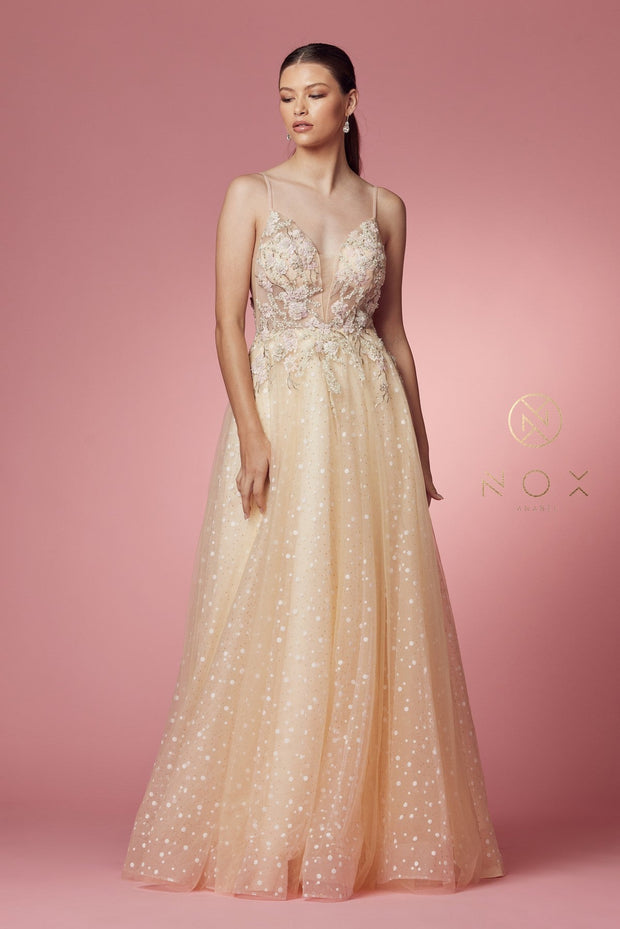 Embroidered Illusion Sleeveless Gown by Nox Anabel E1002
