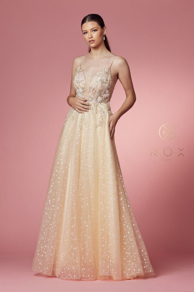 Embroidered Illusion Sleeveless Gown by Nox Anabel E1002