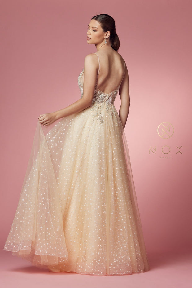 Embroidered Illusion Sleeveless Gown by Nox Anabel E1002