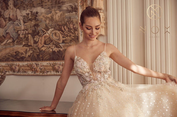 Embroidered Illusion Sleeveless Gown by Nox Anabel E1002