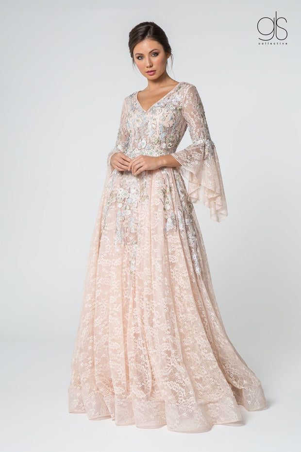 Embroidered Lace Ballgown with Bell Sleeves by Elizabeth K GL1592-Quinceanera Dresses-ABC Fashion