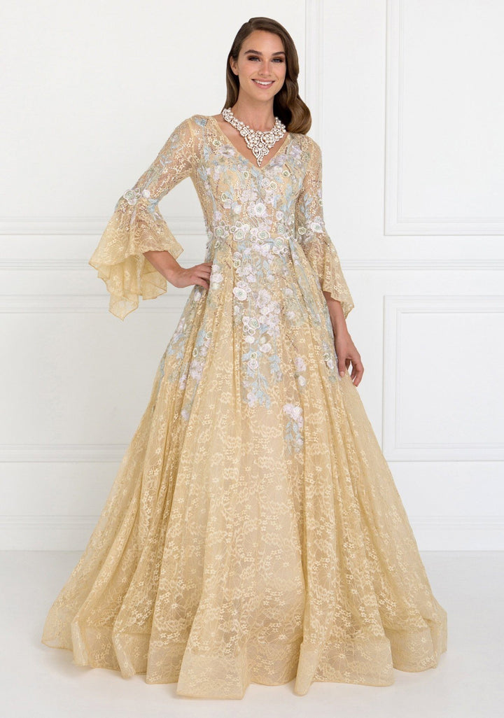 Embroidered Lace Ballgown with Bell Sleeves by Elizabeth K GL1592-Quinceanera Dresses-ABC Fashion