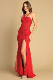 Embroidered Lace Halter Corset Gown by Adora 3146