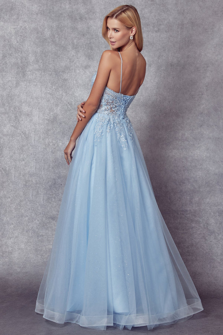 Embroidered Lace-Up Back Tulle Gown by Juliet 270