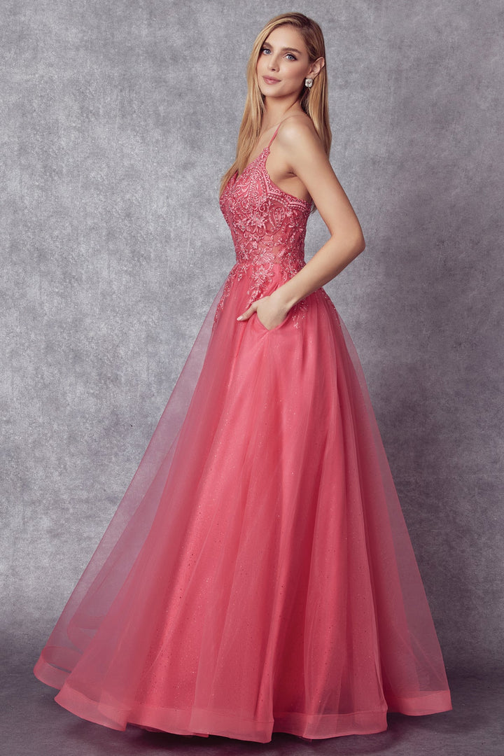 Embroidered Lace-Up Back Tulle Gown by Juliet 270