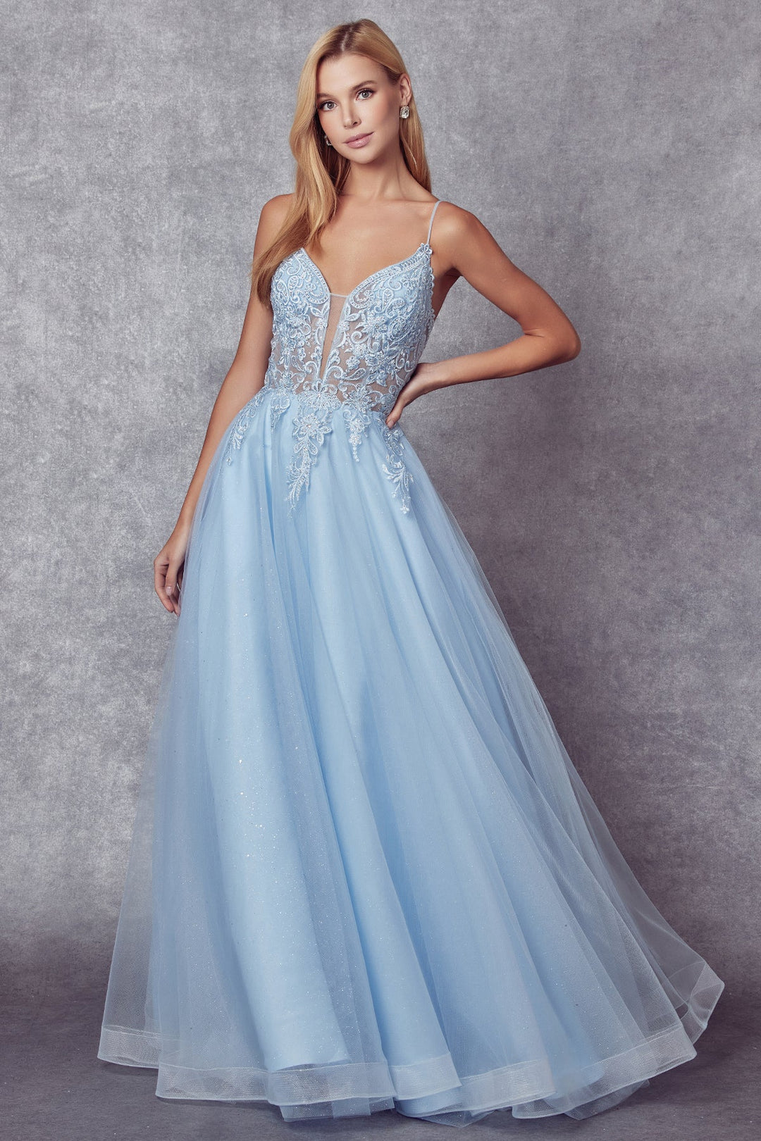 Embroidered Lace-Up Back Tulle Gown by Juliet 270