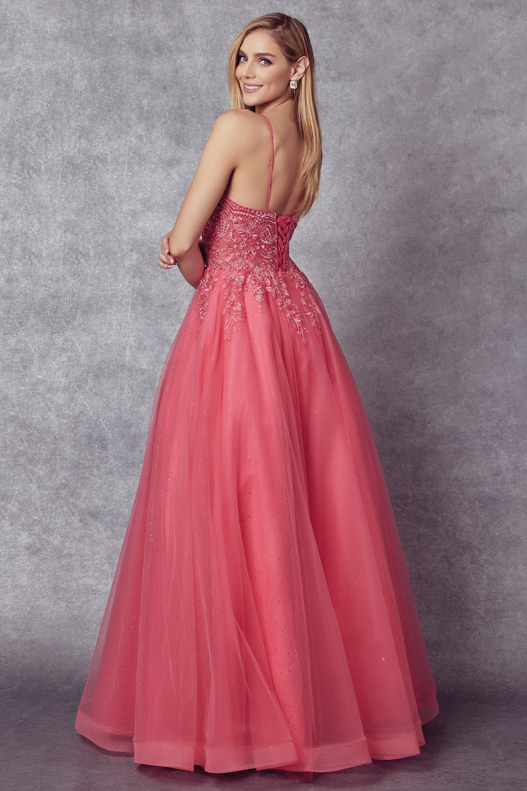Embroidered Lace-Up Back Tulle Gown by Juliet 270