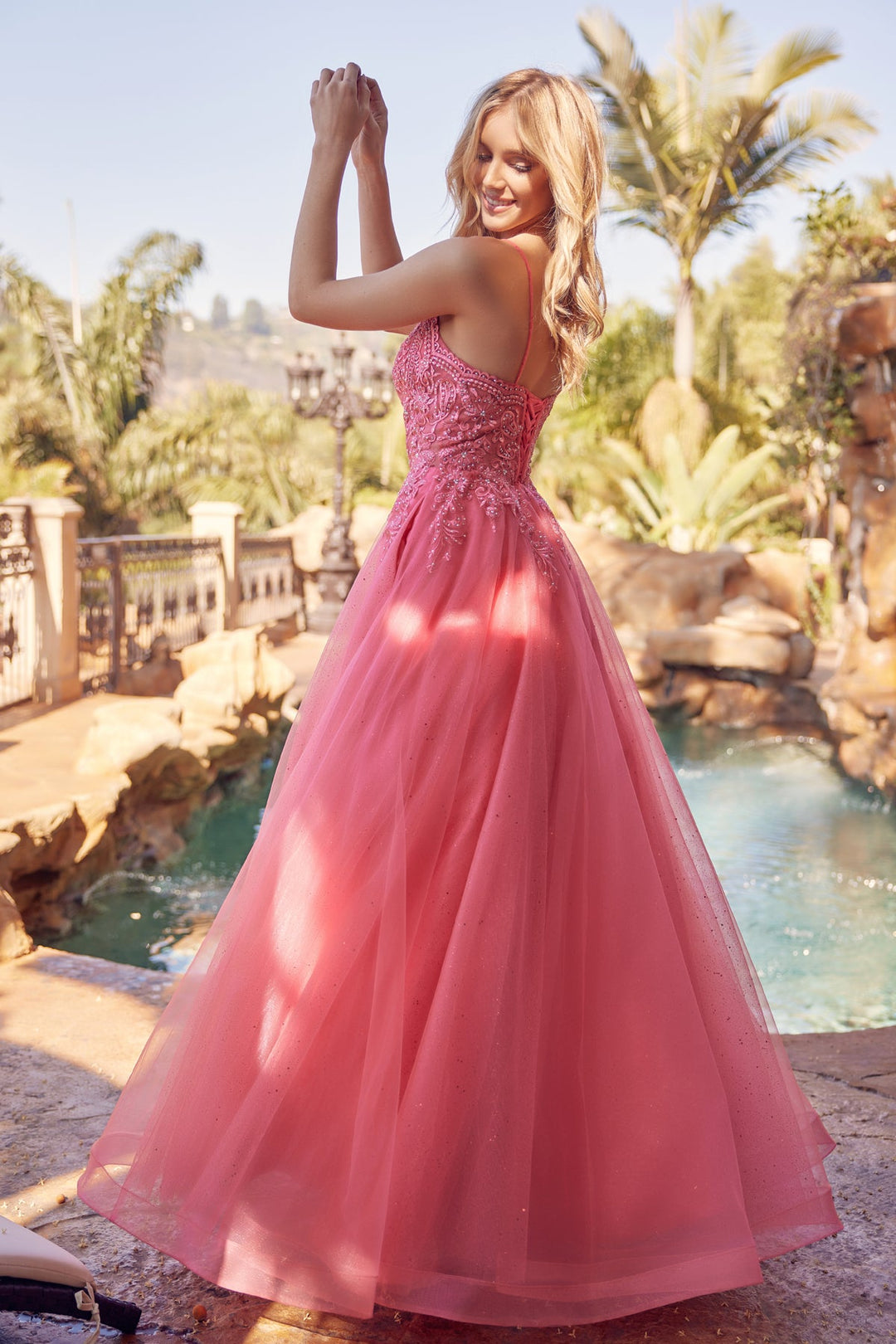 Embroidered Lace-Up Back Tulle Gown by Juliet 270