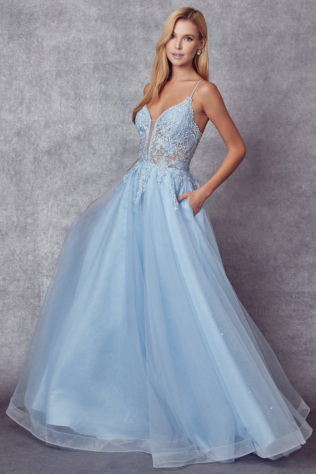Embroidered Lace-Up Back Tulle Gown by Juliet 270
