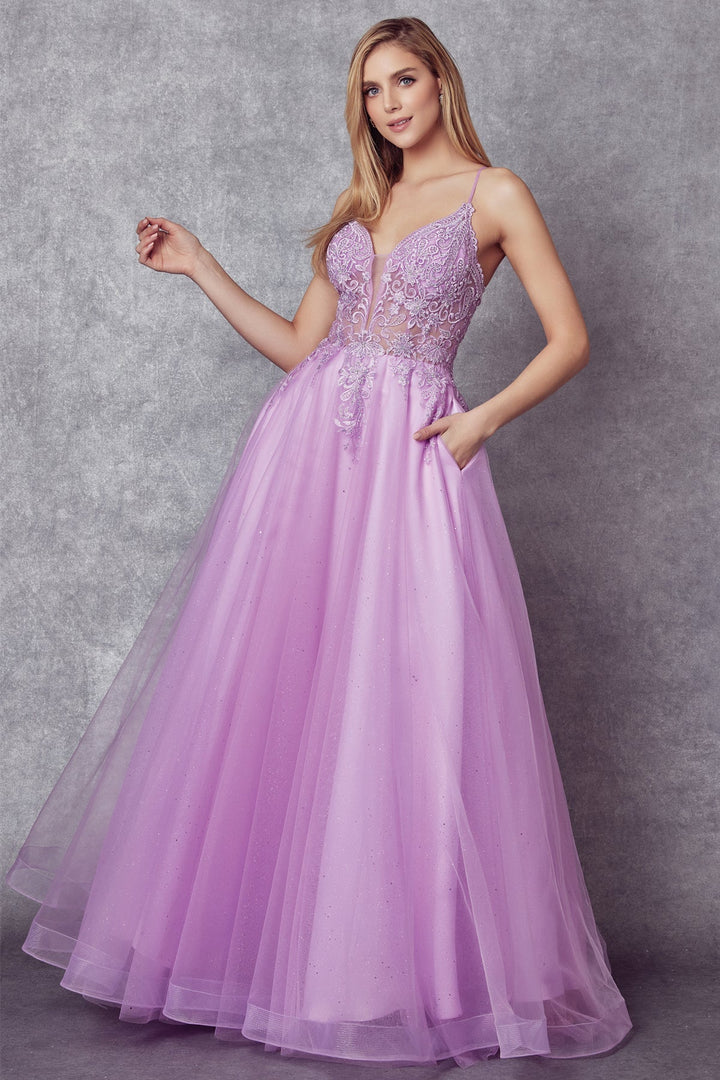 Embroidered Lace-Up Back Tulle Gown by Juliet 270