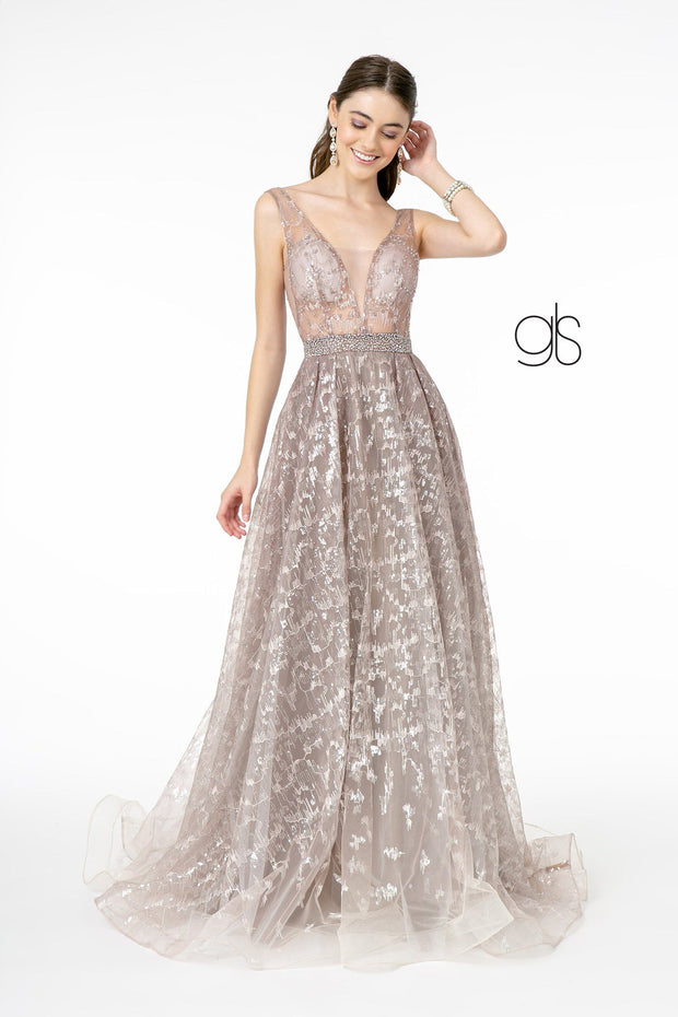 Embroidered Long A-line Illusion Dress by Elizabeth K GL2971