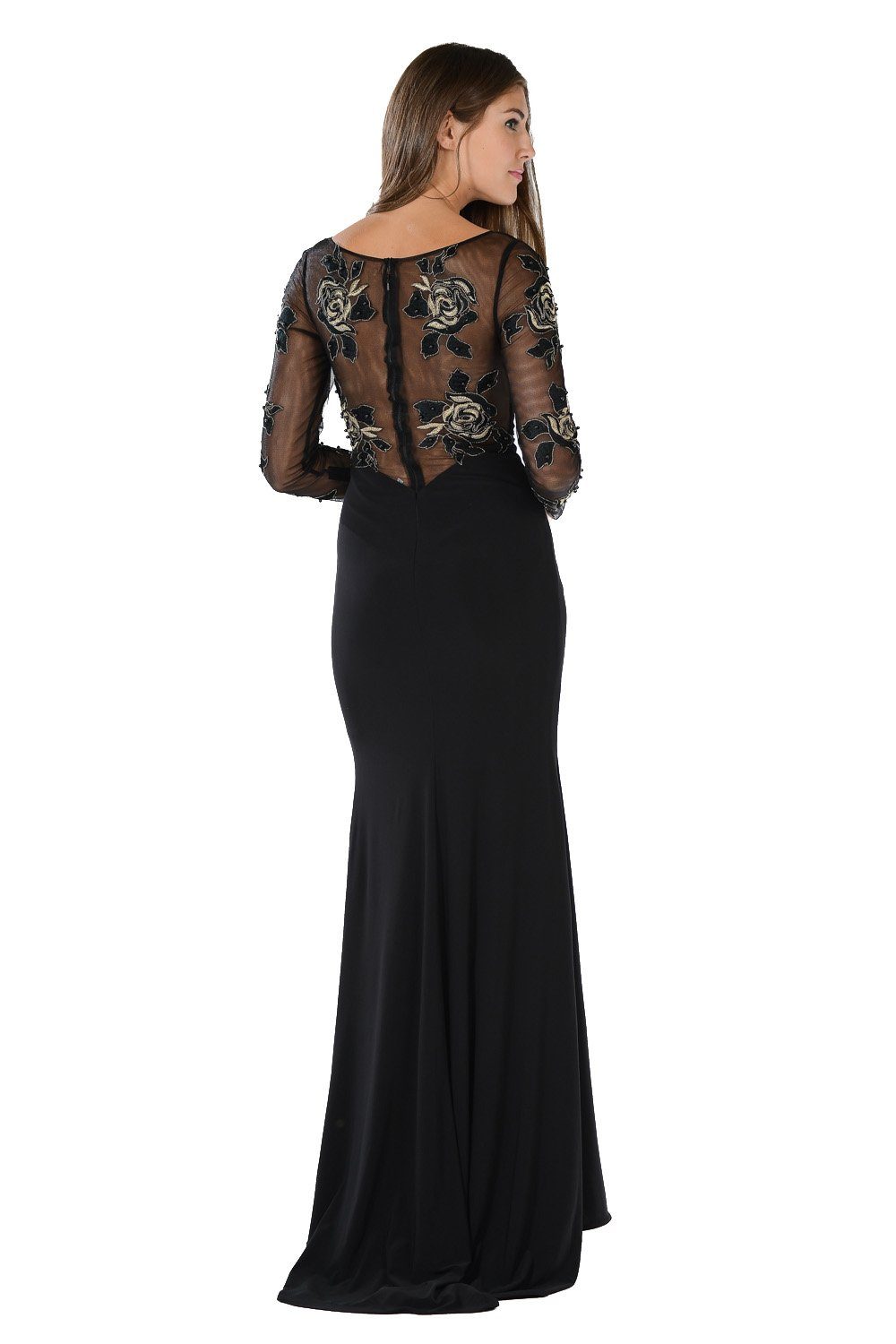 Embroidered Long Black Dress with Sheer Sleeves by Poly USA-Long Formal Dresses-ABC Fashion