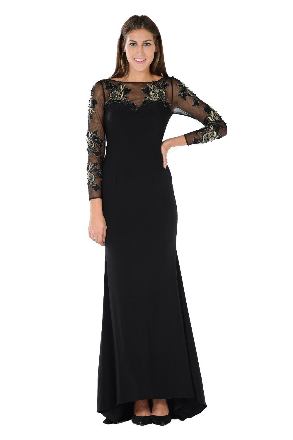Embroidered Long Black Dress with Sheer Sleeves by Poly USA-Long Formal Dresses-ABC Fashion