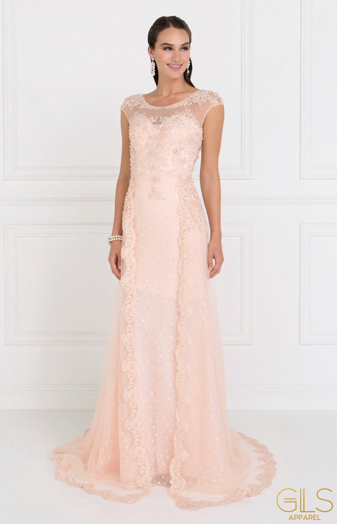 Embroidered Long Blush Cap Sleeve Lace Dress by Elizabeth K GL1539-Long Formal Dresses-ABC Fashion