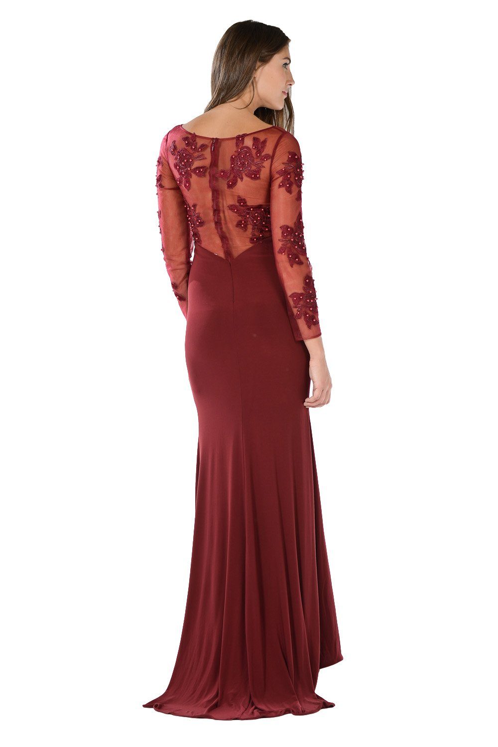 Embroidered Long Burgundy Dress with Sheer Sleeves by Poly USA-Long Formal Dresses-ABC Fashion