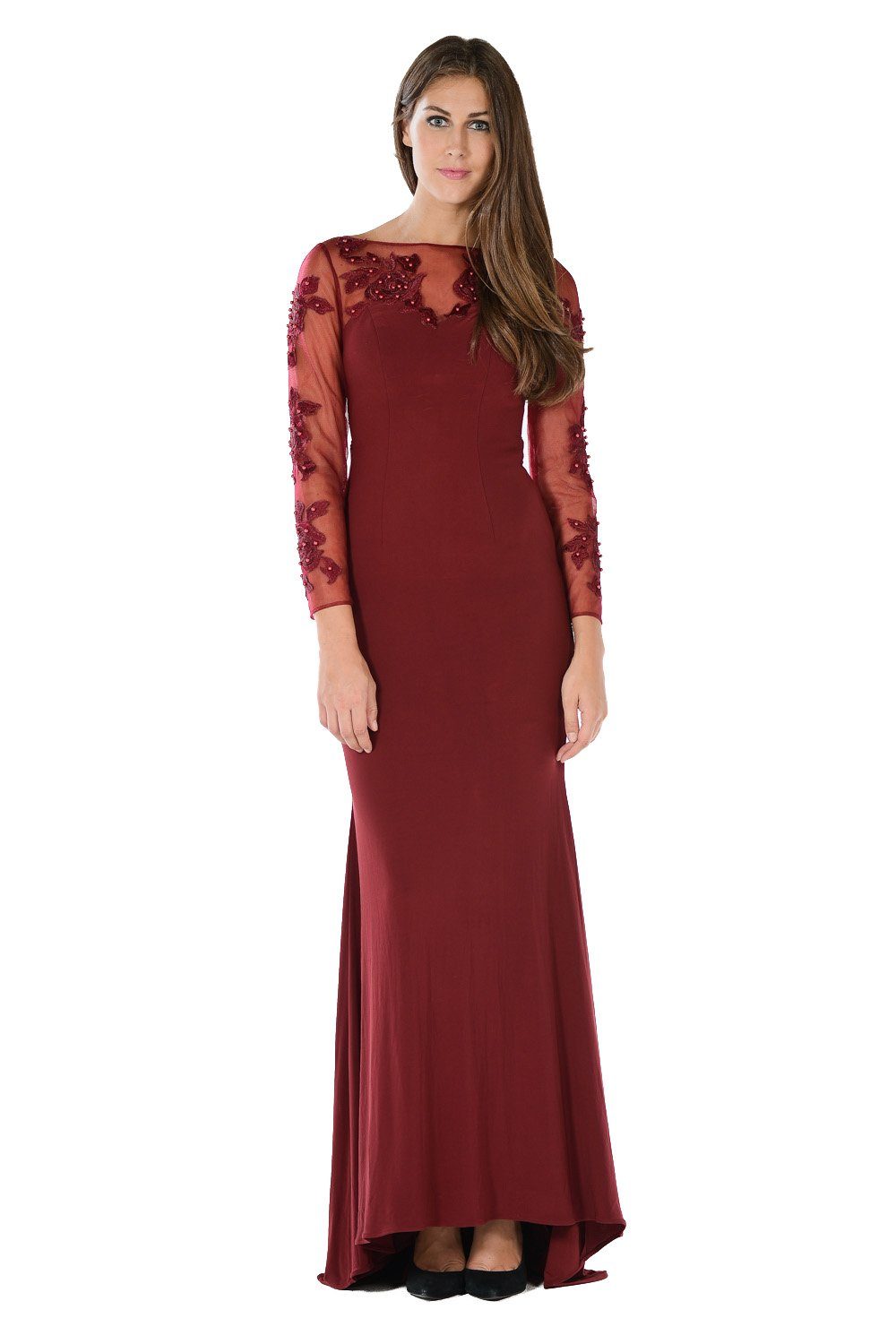 Embroidered Long Burgundy Dress with Sheer Sleeves by Poly USA-Long Formal Dresses-ABC Fashion