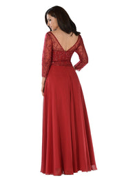 Embroidered Long Burgundy V-Neck Dress with Sleeves by Poly USA-Long Formal Dresses-ABC Fashion