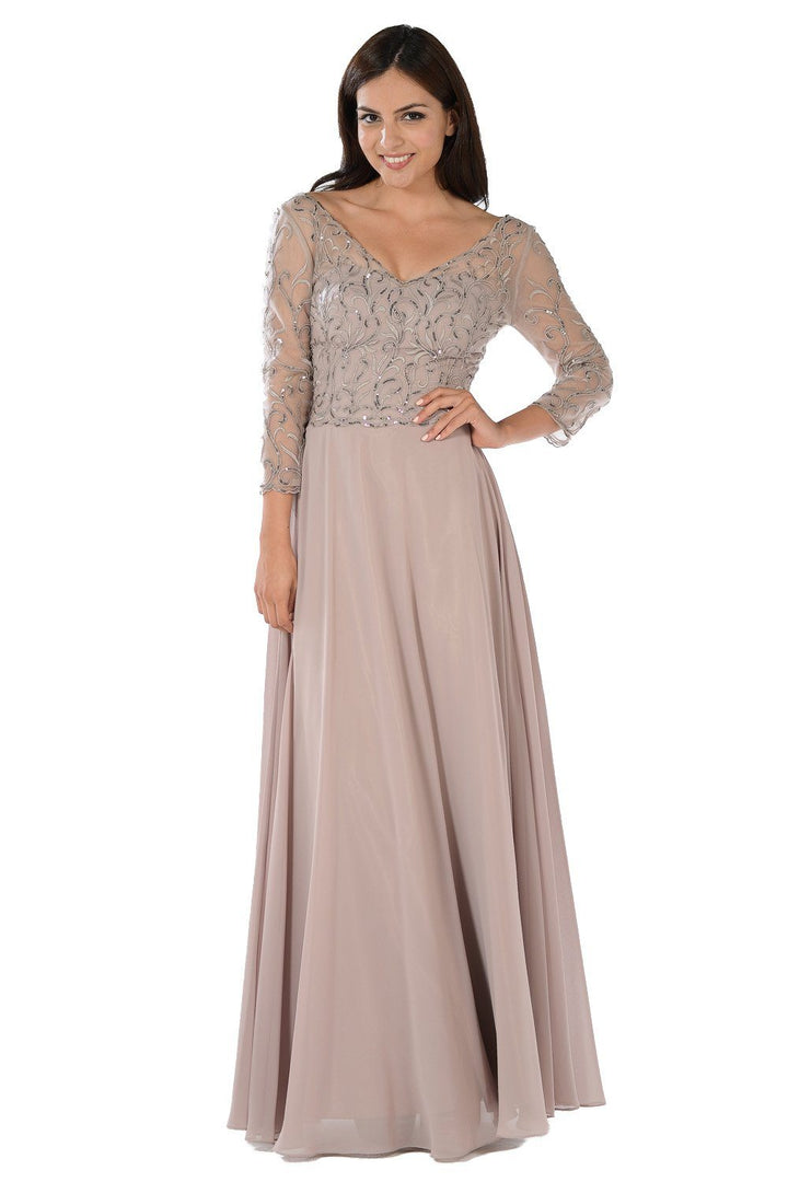 Embroidered Long Burgundy V-Neck Dress with Sleeves by Poly USA-Long Formal Dresses-ABC Fashion