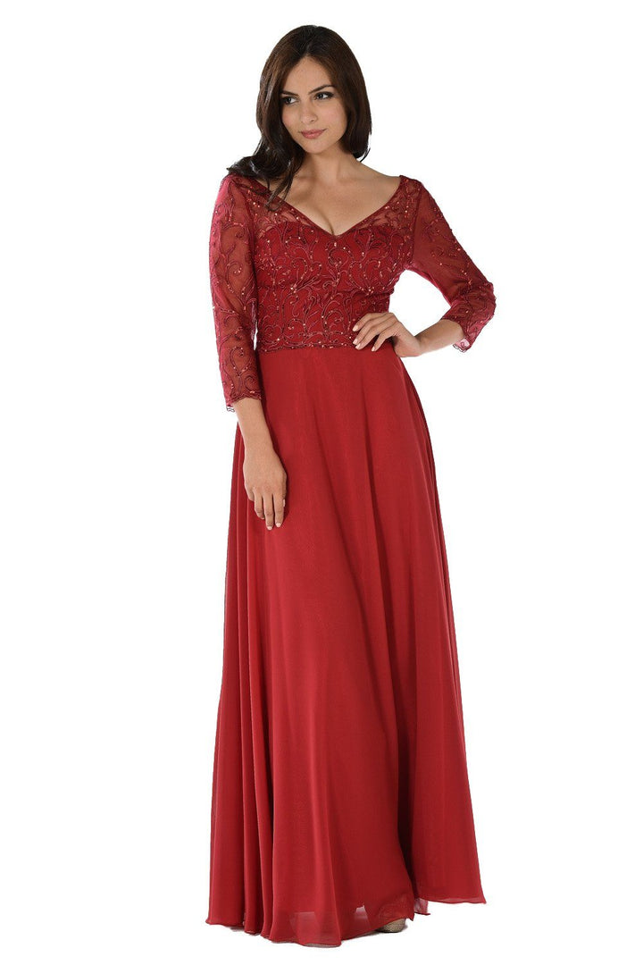 Embroidered Long Burgundy V-Neck Dress with Sleeves by Poly USA-Long Formal Dresses-ABC Fashion