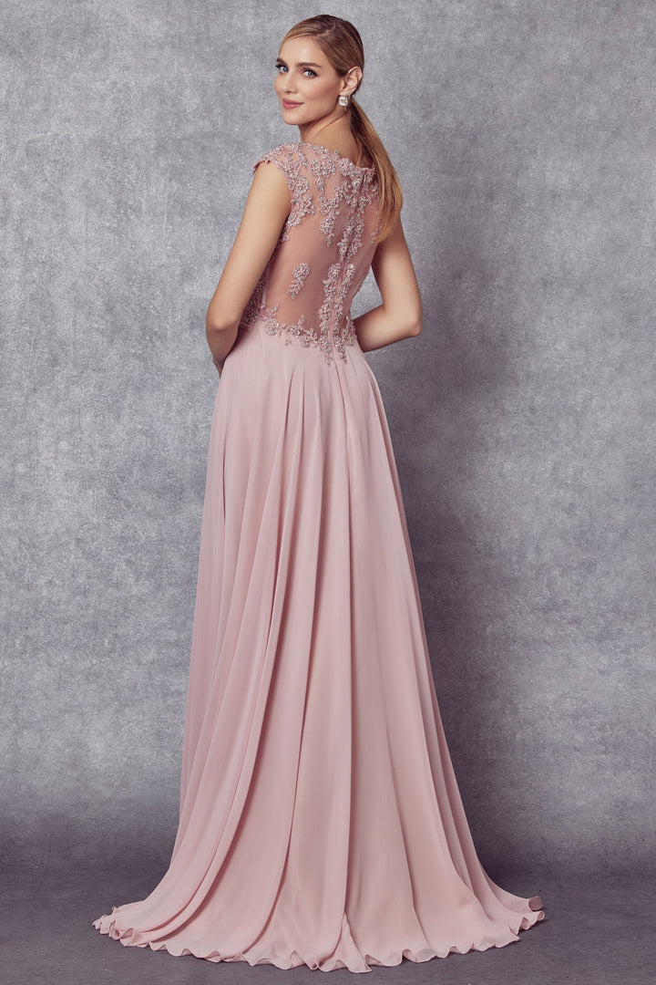 Embroidered Long Cap Sleeve Dress with Sheer Back by Juliet 585