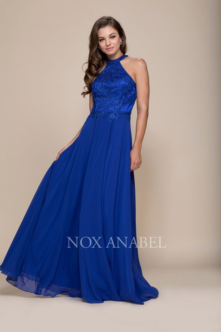 Embroidered Long Halter Chiffon A-line Dress by Nox Anabel J117-Long Formal Dresses-ABC Fashion