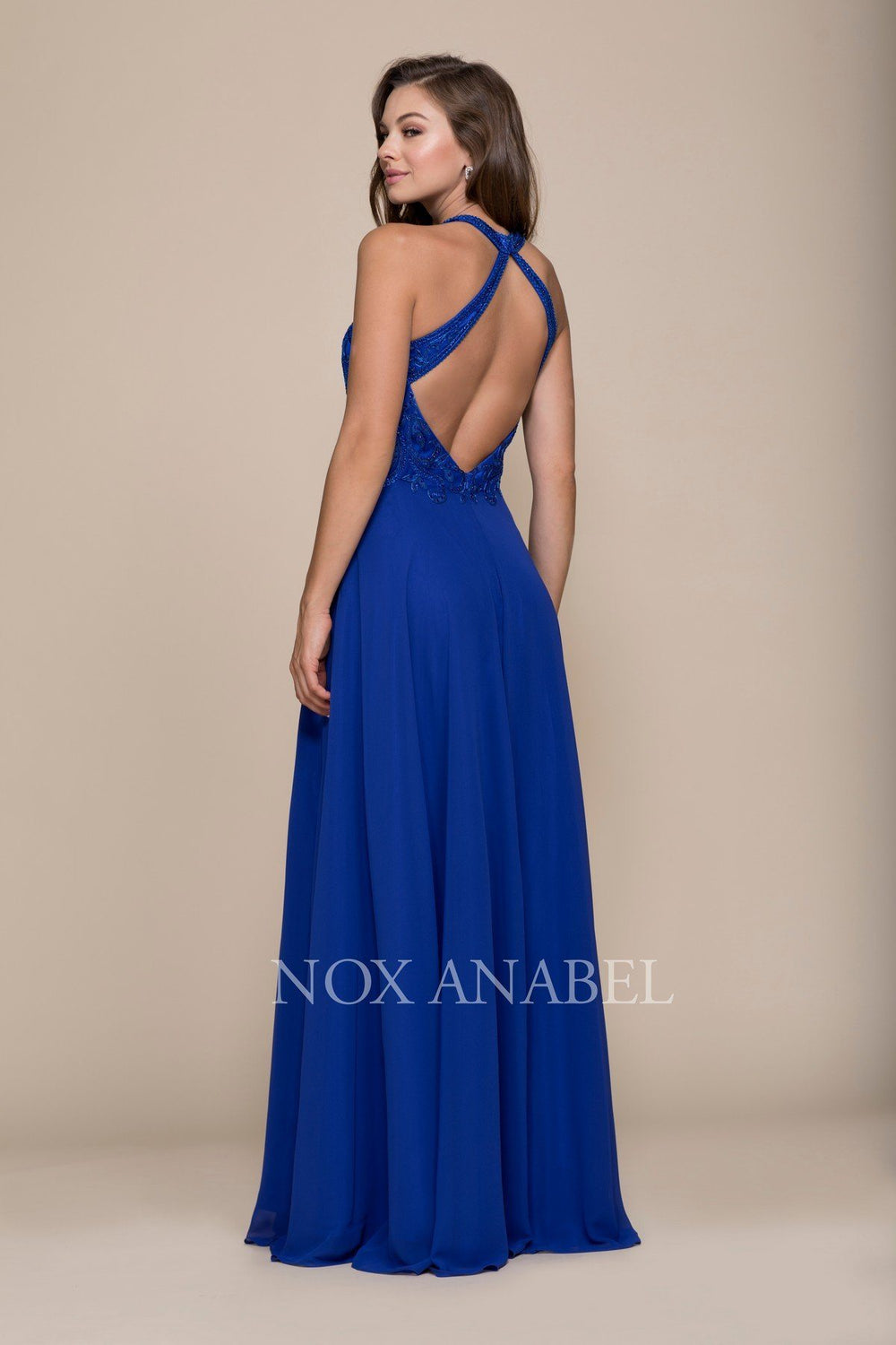 Embroidered Long Halter Chiffon A-line Dress by Nox Anabel J117-Long Formal Dresses-ABC Fashion