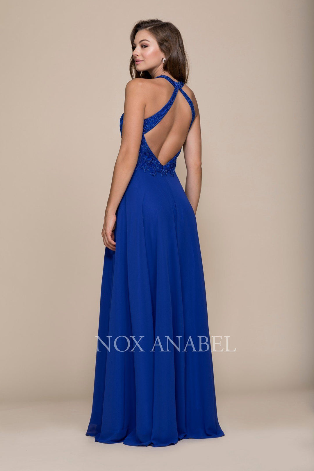 Embroidered Long Halter Chiffon A-line Dress by Nox Anabel J117-Long Formal Dresses-ABC Fashion