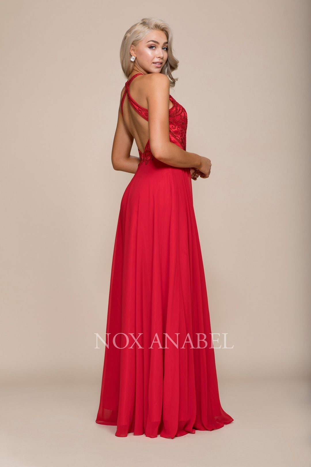Embroidered Long Halter Chiffon A-line Dress by Nox Anabel J117-Long Formal Dresses-ABC Fashion