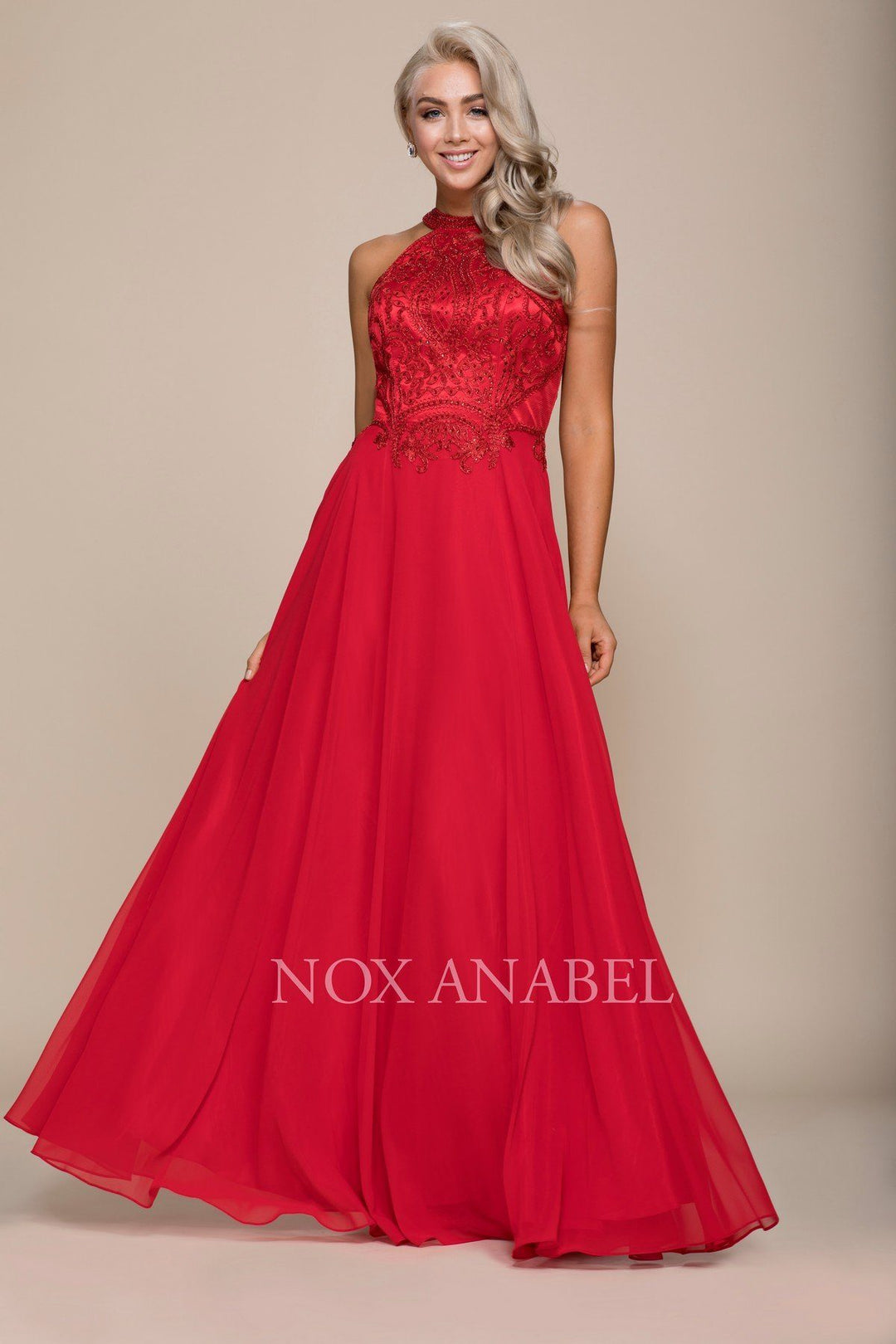 Embroidered Long Halter Chiffon A-line Dress by Nox Anabel J117-Long Formal Dresses-ABC Fashion