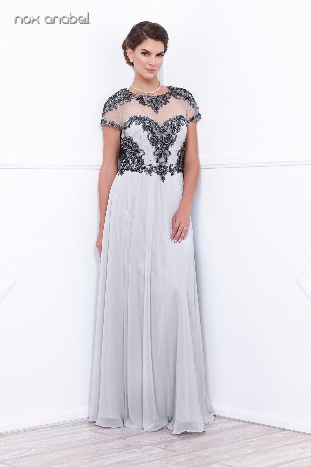 Embroidered Long Illusion Dress with Short Sleeves by Nox Anabel 5143-Long Formal Dresses-ABC Fashion