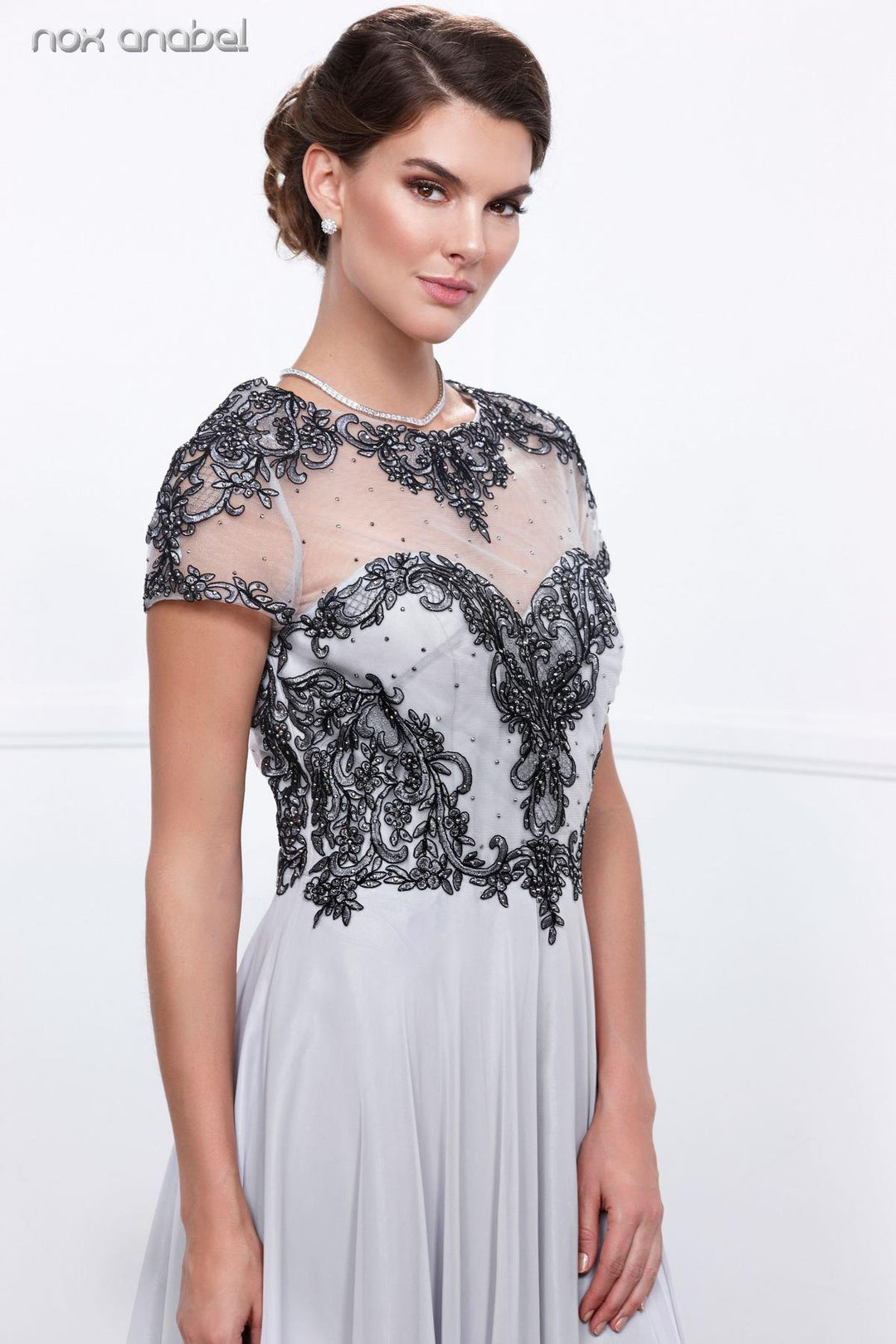 Embroidered Long Illusion Dress with Short Sleeves by Nox Anabel 5143-Long Formal Dresses-ABC Fashion