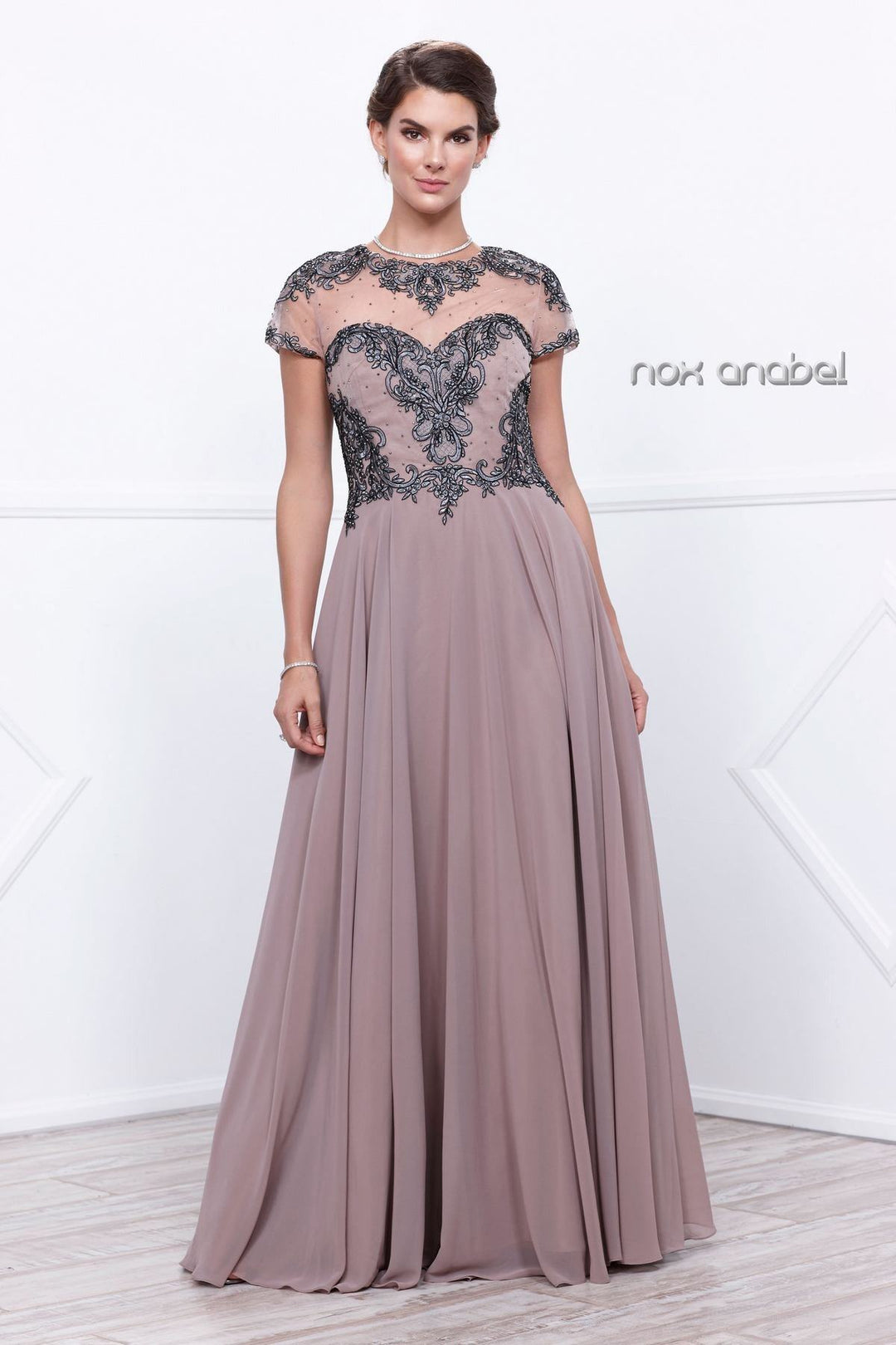 Embroidered Long Illusion Dress with Short Sleeves by Nox Anabel 5143-Long Formal Dresses-ABC Fashion
