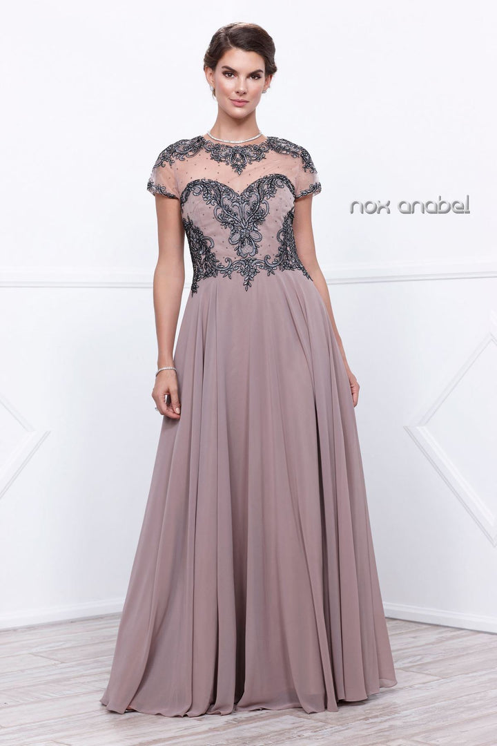 Embroidered Long Illusion Dress with Short Sleeves by Nox Anabel 5143-Long Formal Dresses-ABC Fashion