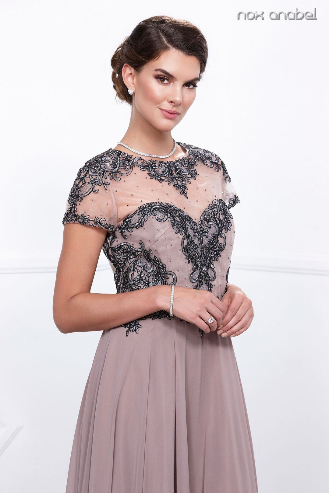 Embroidered Long Illusion Dress with Short Sleeves by Nox Anabel 5143-Long Formal Dresses-ABC Fashion