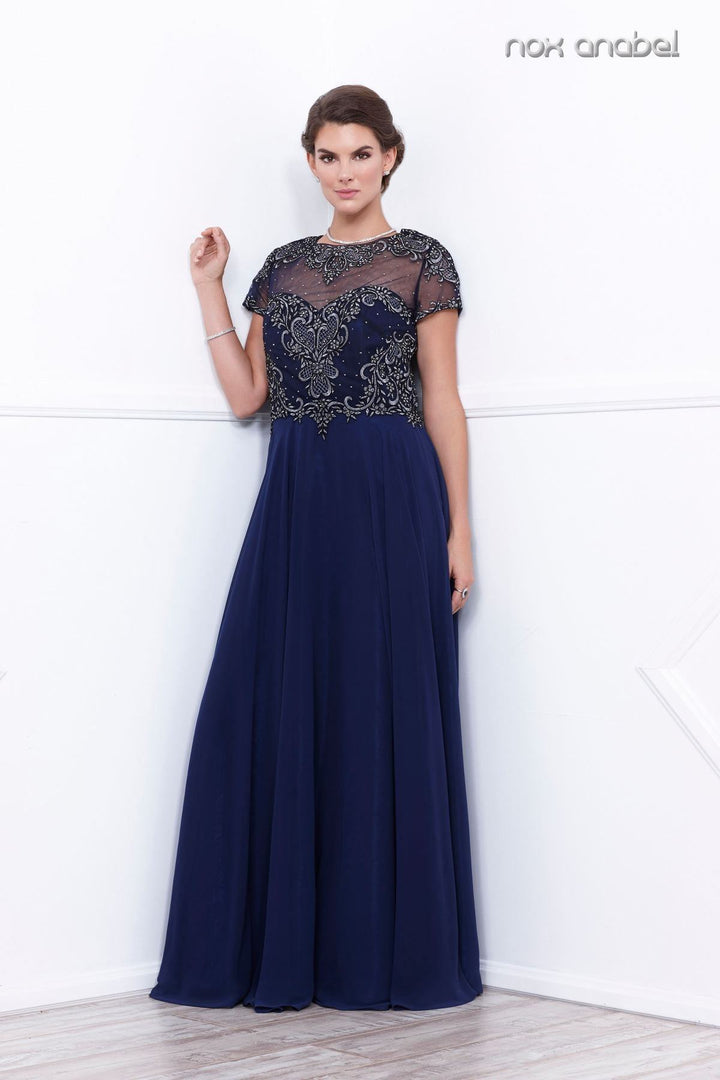 Embroidered Long Illusion Dress with Short Sleeves by Nox Anabel 5143-Long Formal Dresses-ABC Fashion