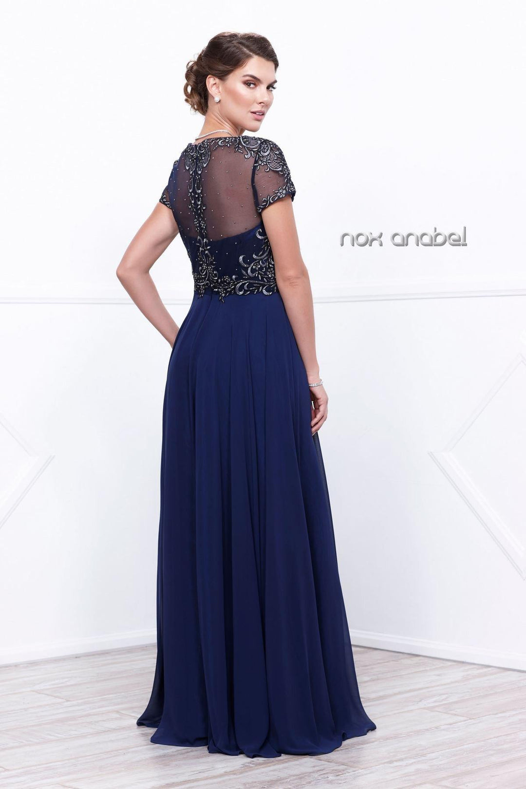 Embroidered Long Illusion Dress with Short Sleeves by Nox Anabel 5143-Long Formal Dresses-ABC Fashion