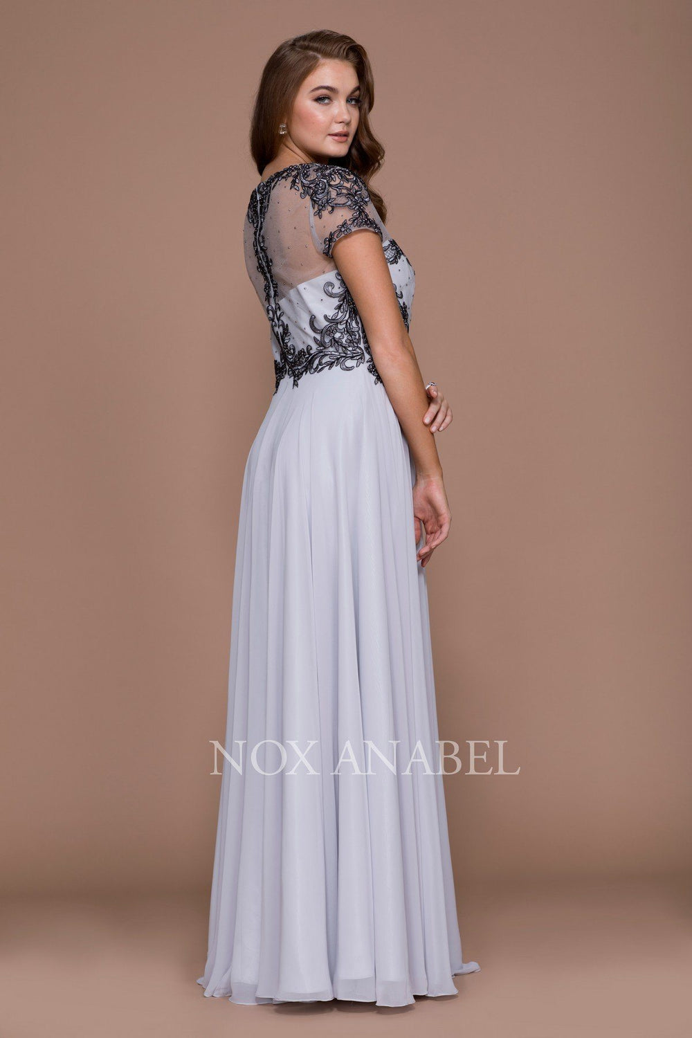 Embroidered Long Illusion Dress with Short Sleeves by Nox Anabel 5143-Long Formal Dresses-ABC Fashion