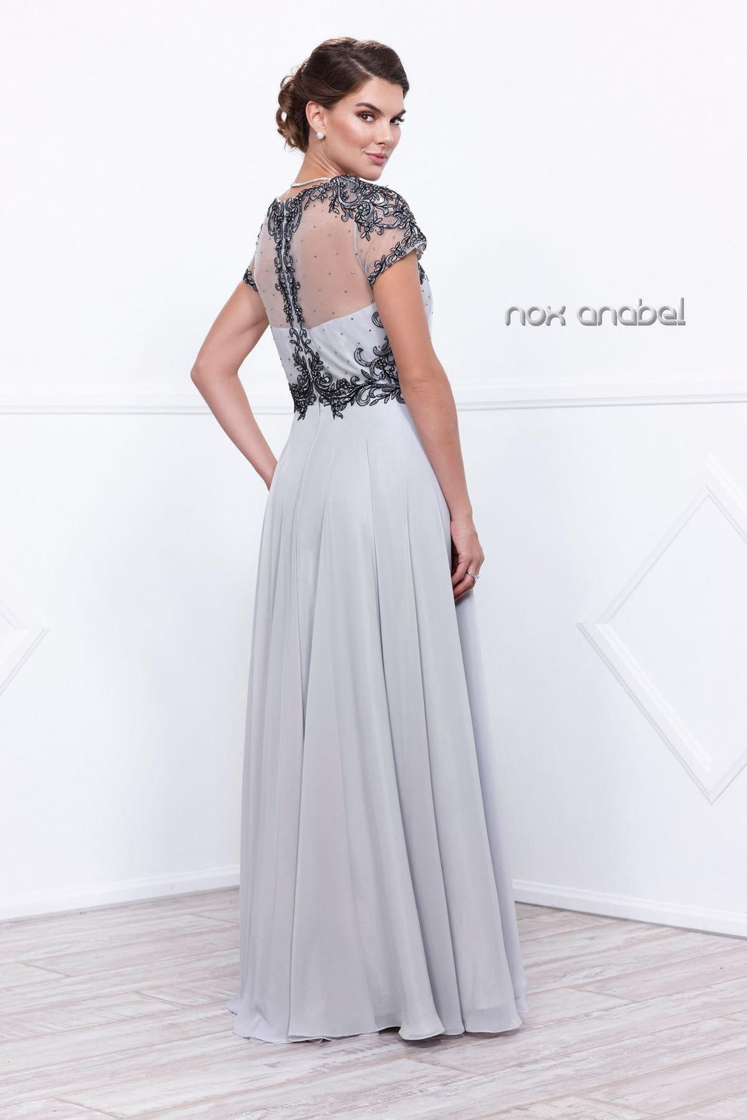 Embroidered Long Illusion Dress with Short Sleeves by Nox Anabel 5143-Long Formal Dresses-ABC Fashion