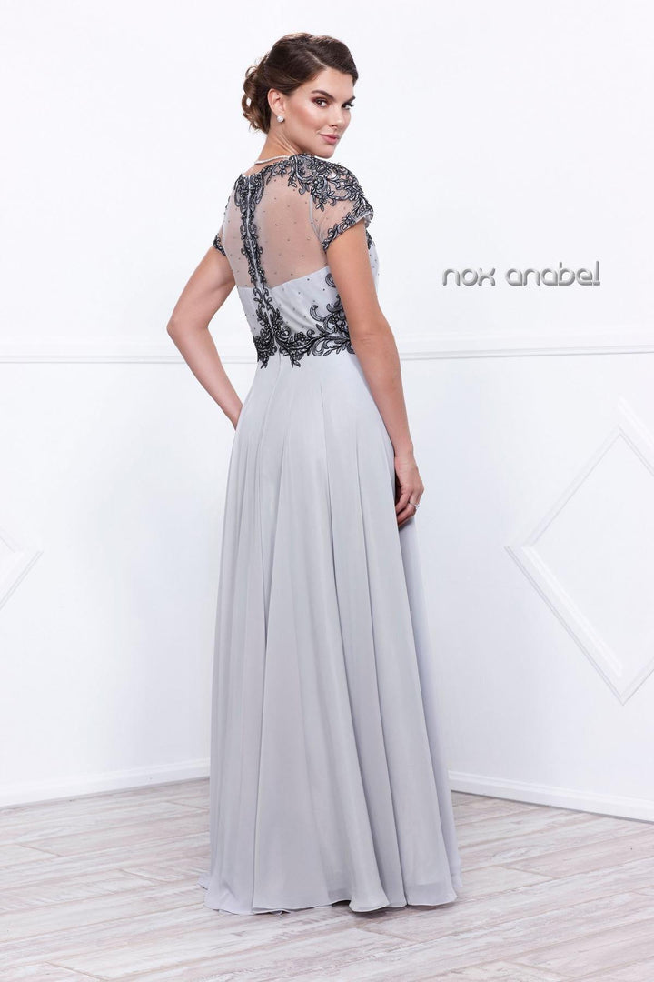 Embroidered Long Illusion Dress with Short Sleeves by Nox Anabel 5143-Long Formal Dresses-ABC Fashion