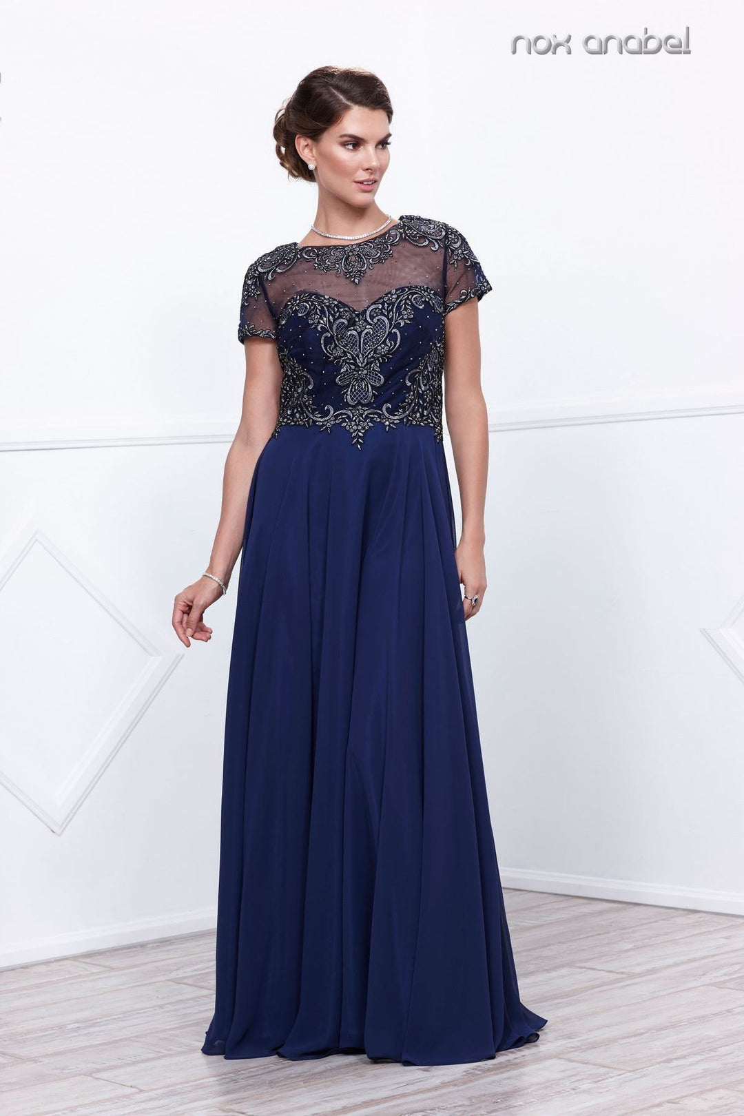 Embroidered Long Illusion Dress with Short Sleeves by Nox Anabel 5143-Long Formal Dresses-ABC Fashion