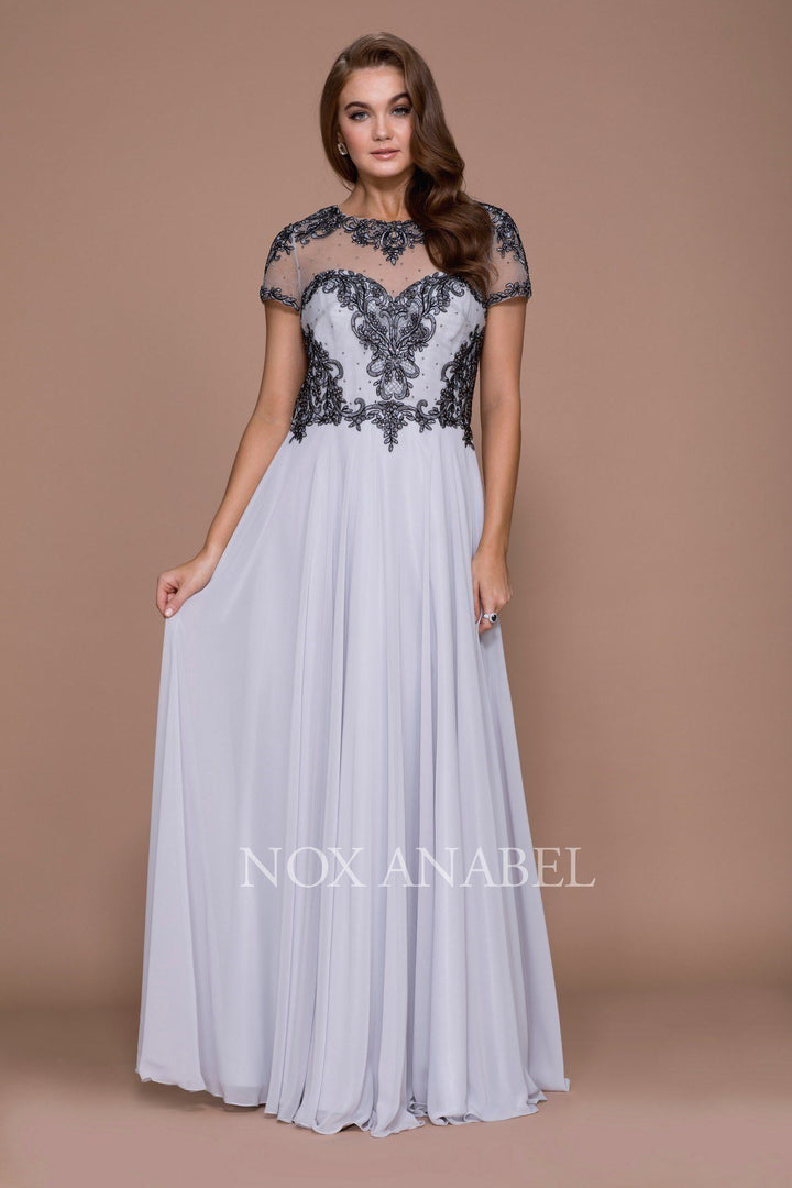 Embroidered Long Illusion Dress with Short Sleeves by Nox Anabel 5143-Long Formal Dresses-ABC Fashion