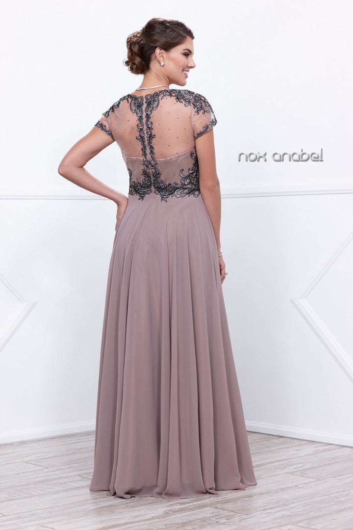 Embroidered Long Illusion Dress with Short Sleeves by Nox Anabel 5143-Long Formal Dresses-ABC Fashion