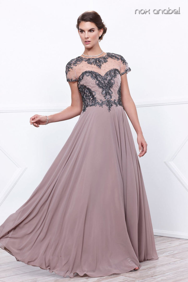 Embroidered Long Illusion Dress with Short Sleeves by Nox Anabel 5143-Long Formal Dresses-ABC Fashion